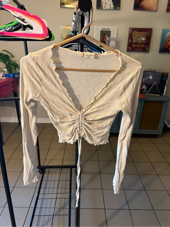 Altar'd State Tops - Altar'd State Cream Ruched Tie-Front Ribbed Long-Sleeve Crop Top